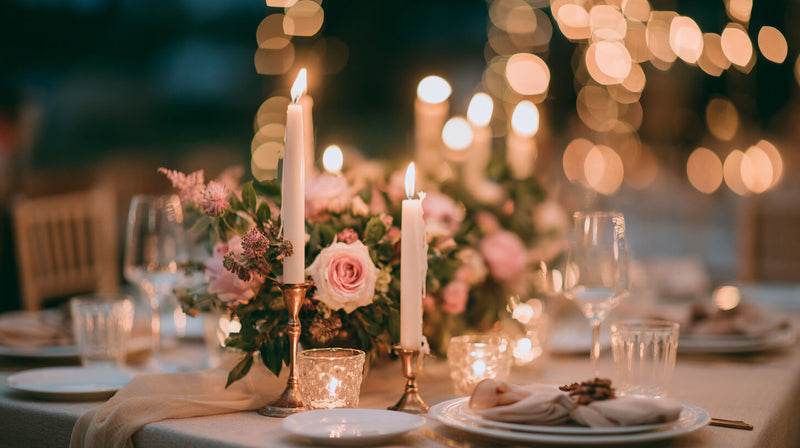 Dripless taper candles burning cleanly in holders on an elegant dining ta