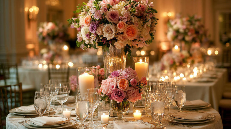 Wedding reception tables decorated with candles for a wedding candle quantity guide