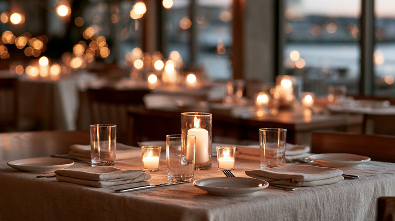 Votive and tealight candles glowing on tables in a bright upscale restaurant dining setting.