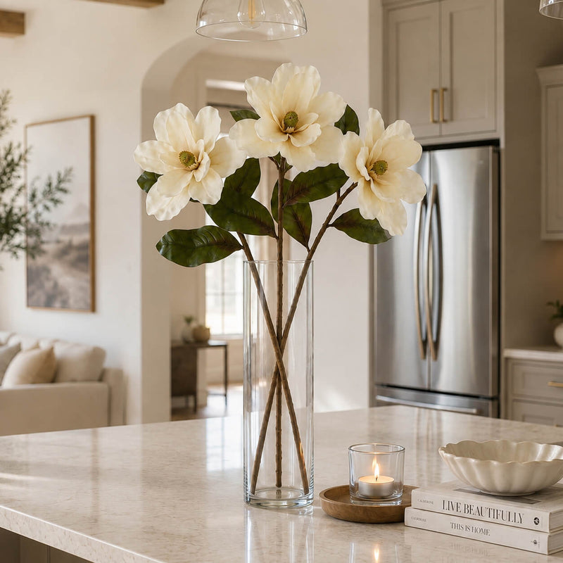 34" Deluxe Silk Magnolia Spray bouquet in a glass vase on a kitchen counter - thumbnail number 7