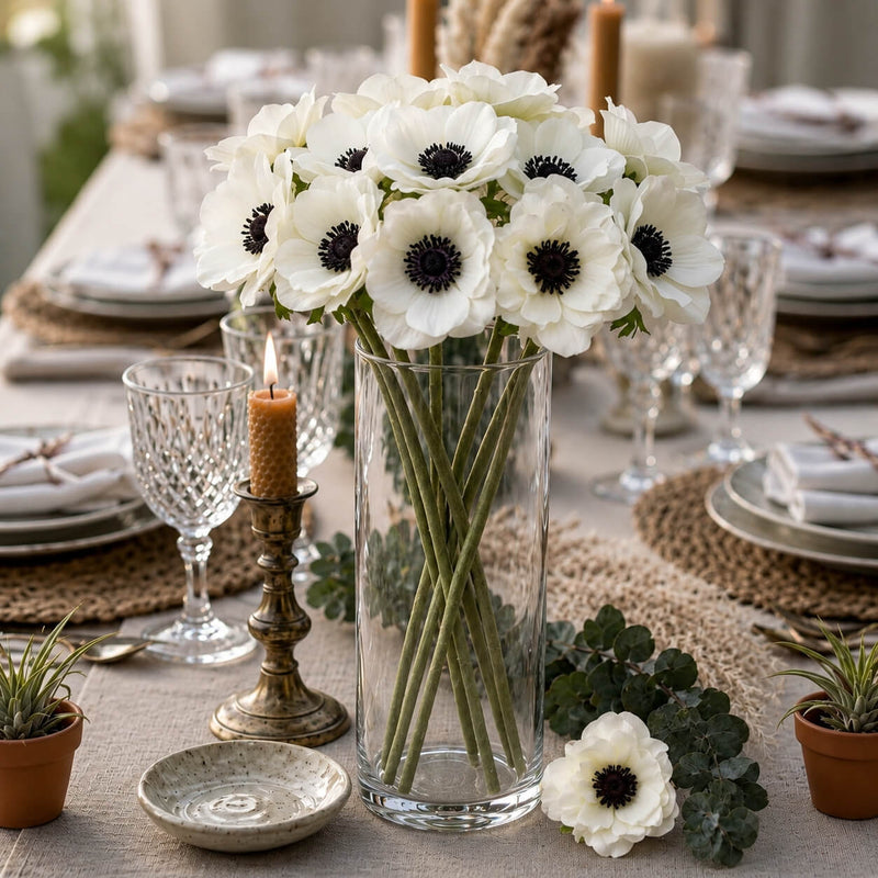 15" White Anemone Flower bouquet in a glass vase centerpiece on a decorated dining table - thumbnail number 3