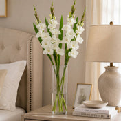 White gladiolus flower spray in a glass cylinder vase on a bedside table next to a lamp - thumbnail number 8