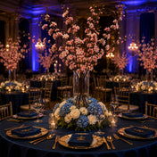 45" pink cherry blossom branches with blue and white flowers in a ballroom - thumbnail number 4