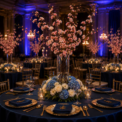 45" pink cherry blossom branches with blue and white flowers in a ballroom - thumbnail number 4