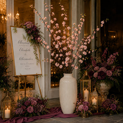 Tall white vase filled with pink cherry blossom branches next to a wedding sign - thumbnail number 3