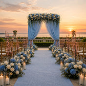 Outdoor wedding aisle decorated with pink cherry blossom branches, blue and white florals, and candles - thumbnail number 6