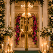 Bougainvillea garlands decorate the handles of grand mirrored doors - thumbnail number 6