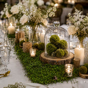 Faux moss leaf and twig mat styled as a table runner with moss spheres and candles - thumbnail number 4