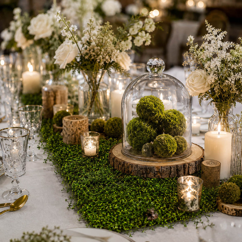 Faux moss leaf and twig mat styled as a table runner with moss spheres and candles - thumbnail number 4