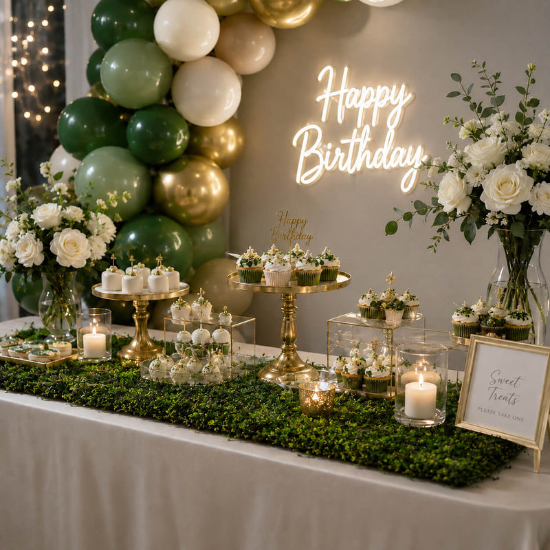 Faux moss leaf and twig mat styled as a dessert table runner with birthday treats - thumbnail number 6