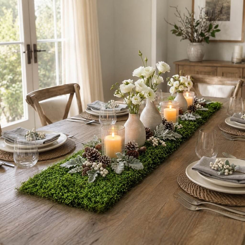 Faux moss leaf and twig mat styled as a table runner with candles and florals - thumbnail number 9