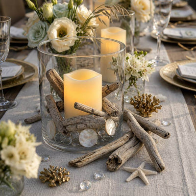 Glass cylinder with a candle and driftwood pieces as a centerpiece - thumbnail number 5