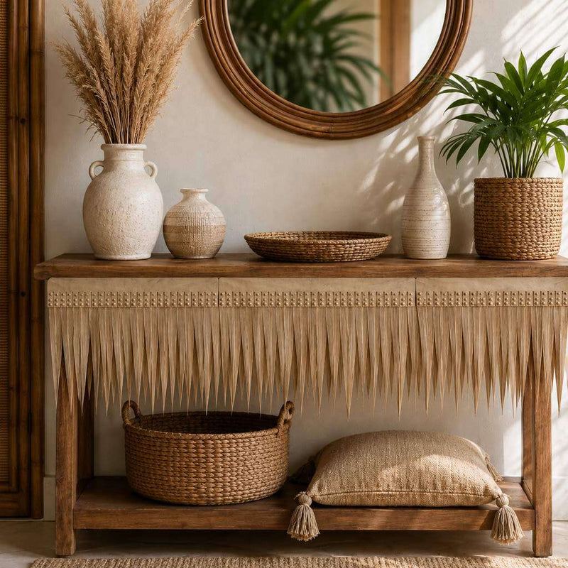Console table decorated with artificial thatch fringe and bohemian decor items - thumbnail number 7