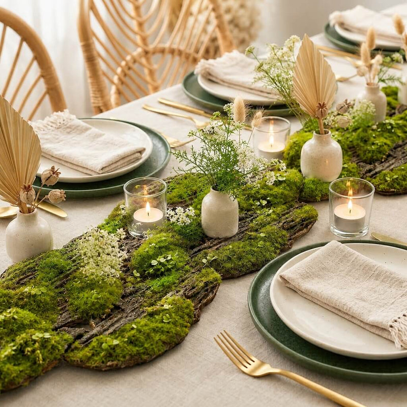 Foam moss tree bark with candles and dried palm leaves on a table - thumbnail number 4