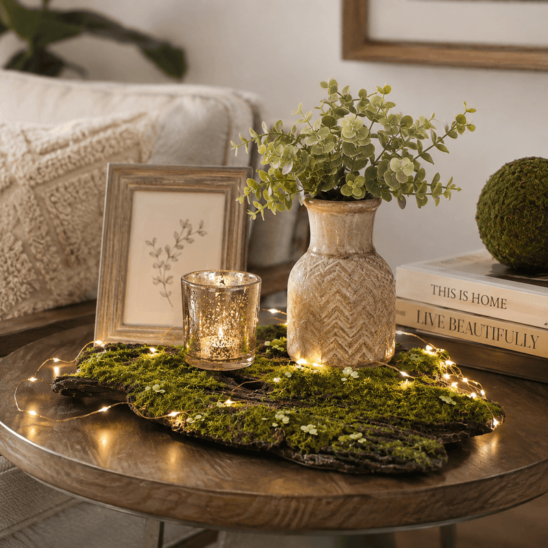 Foam moss tree bark with fairy lights and a candle on a coffee table - thumbnail number 7