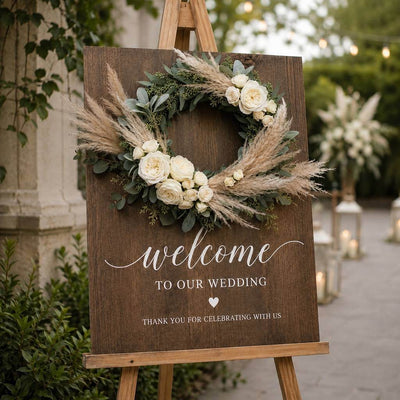 Rustic wooden welcome wedding sign decorated with a pampas grass and white floral wreath - thumbnail number 6