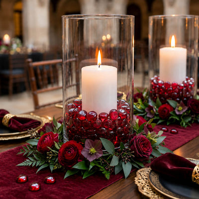 Cylinder glass vase with a candle, flowers, and ruby red vase gems - thumbnail number 2