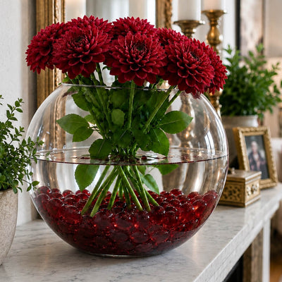 Glass bowl vase with red flowers and ruby red vase gems - thumbnail number 4