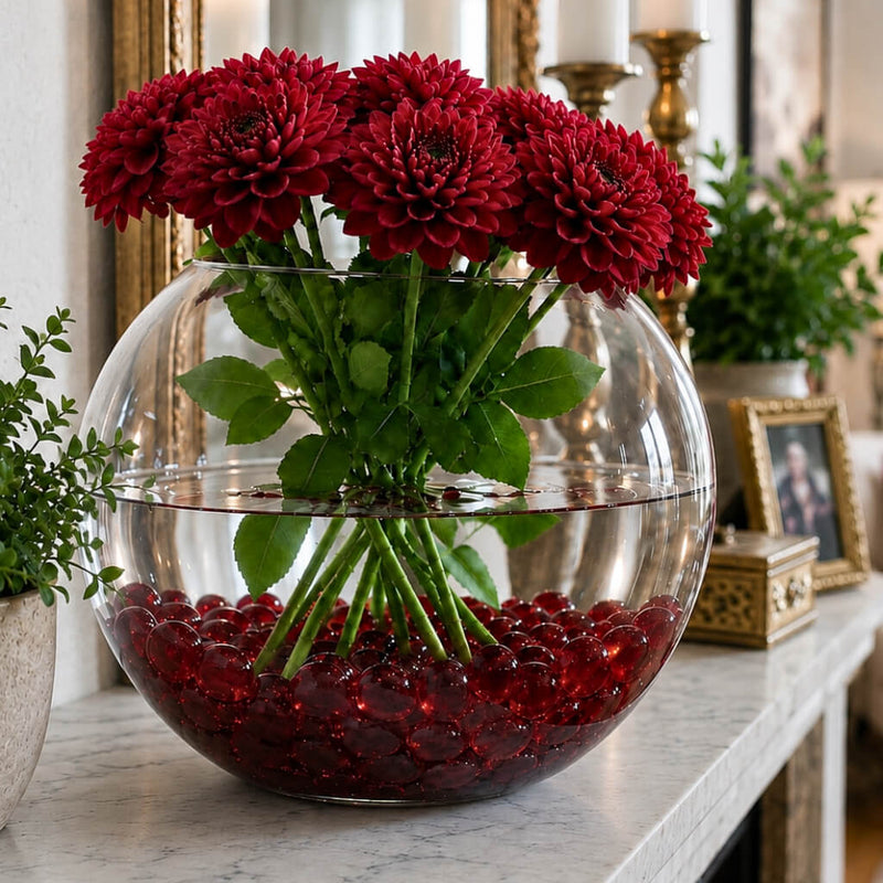 Glass bowl vase with red flowers and ruby red vase gems - thumbnail number 4