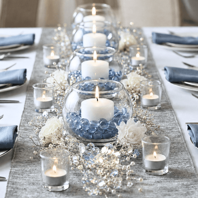 Wedding table centerpiece with candles, blue gems, and white flowers on a silver runner - thumbnail number 4