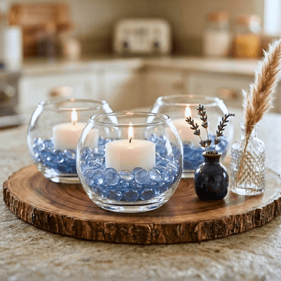 Votive candles in glass bowls with blue gems on a wood slab next to small vases - thumbnail number 6