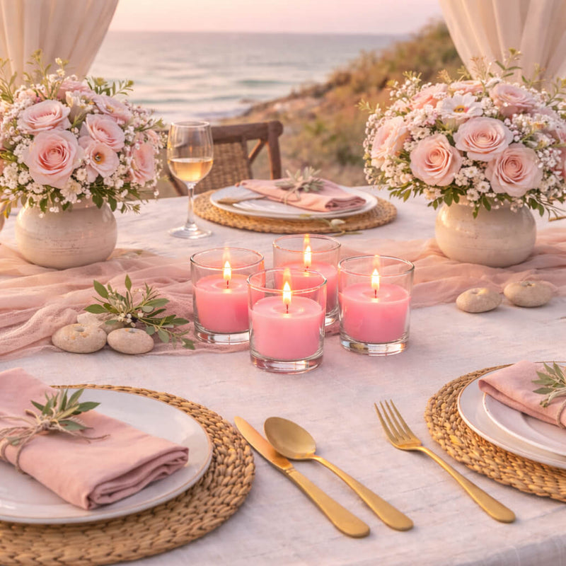 Pink votive candles in glass holders arranged as a romantic seaside table centerpiece - thumbnail number 4