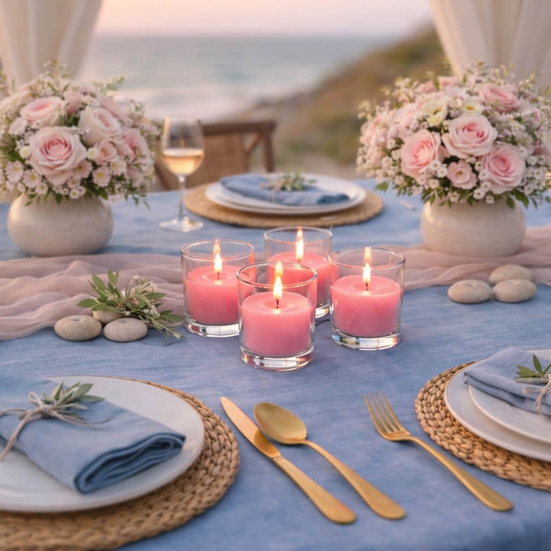 Lit pink candles in glass votives on a coastal dining table with floral centerpieces - thumbnail number 3