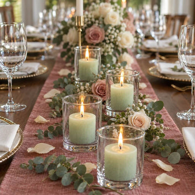 Lit green votive candles in glass holders on a pink runner table decorated with roses and greenery - thumbnail number 3
