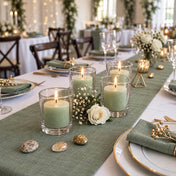 Lit green votive candles in glass holders on a green table runner set with white roses and dinnerware - thumbnail number 5