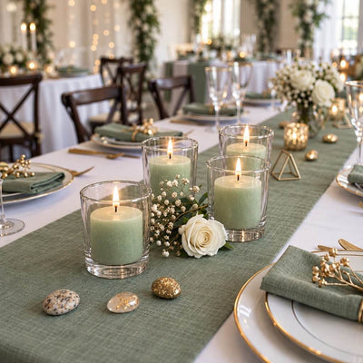 Lit green votive candles in glass holders on a green table runner set with white roses and dinnerware - thumbnail number 5
