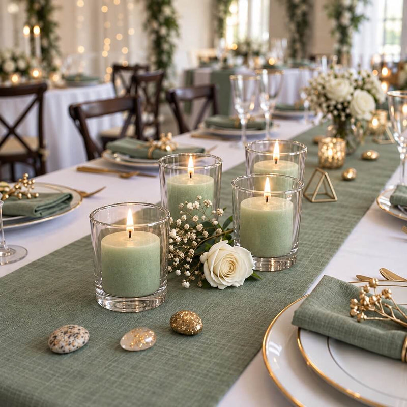 Lit green votive candles in glass holders on a green table runner set with white roses and dinnerware - thumbnail number 5