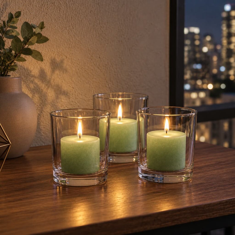 Three lit green votive candles in clear glass holders on a wooden tabletop at night - thumbnail number 9