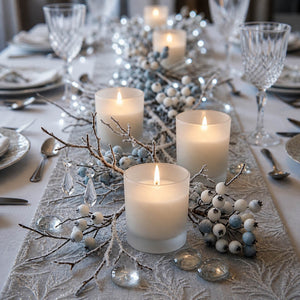 Frosted glass votive candles on elegant winter dinner table centerpiece