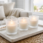 Frosted glass votive candles on wooden tray in cozy living room setting - thumbnail number 7