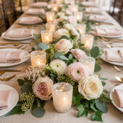 Frosted sparkle votive holders with blush flowers on an elegant dining table centerpiece - thumbnail number 5