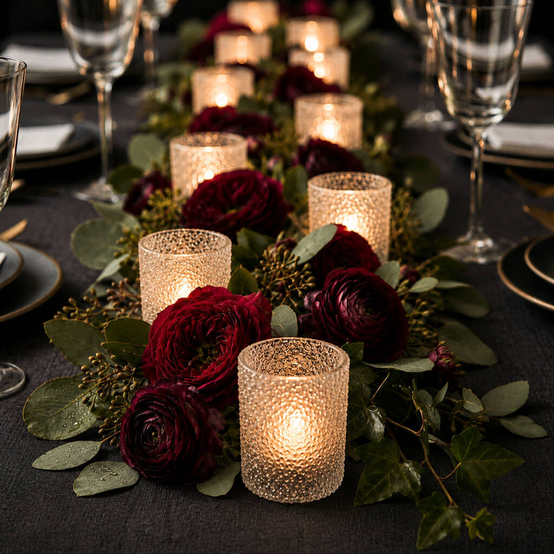 Frosted sparkle votive holders with red flowers on an elegant candlelit table - thumbnail number 4