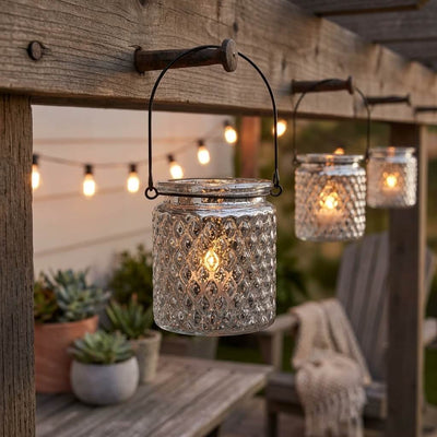Lit patterned glass lanterns hanging from rustic wooden beams - thumbnail number 8