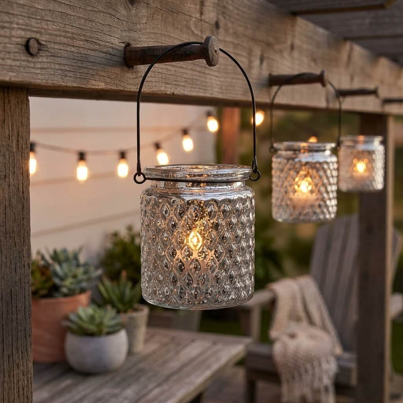 Lit patterned glass lanterns hanging from rustic wooden beams - thumbnail number 8