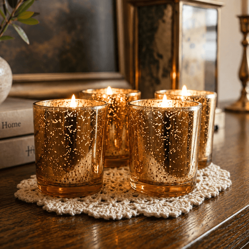 Four lit Amber Gold Mercury Votive Holders arranged on a lace doily atop a wooden surface - thumbnail number 8