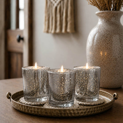 Three lit Silver Mercury Votive Holders on coasters inside a hammered brass tray - thumbnail number 8