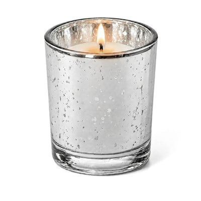A Silver Mercury Votive Holder with lit candle on a white backdrop - thumbnail number 3