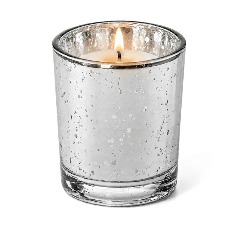 A Silver Mercury Votive Holder with lit candle on a white backdrop - thumbnail number 3