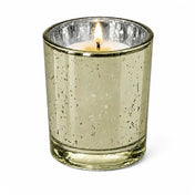 A single lit candle burning inside a Metallic Gold Mercury Votive Holder on a white surface - thumbnail number 3