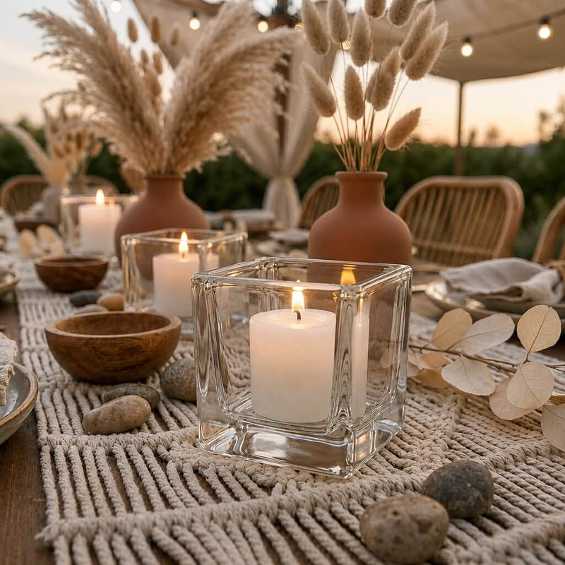 Glowing candles in glass holders on boho outdoor table with pampas grass decor - thumbnail number 4