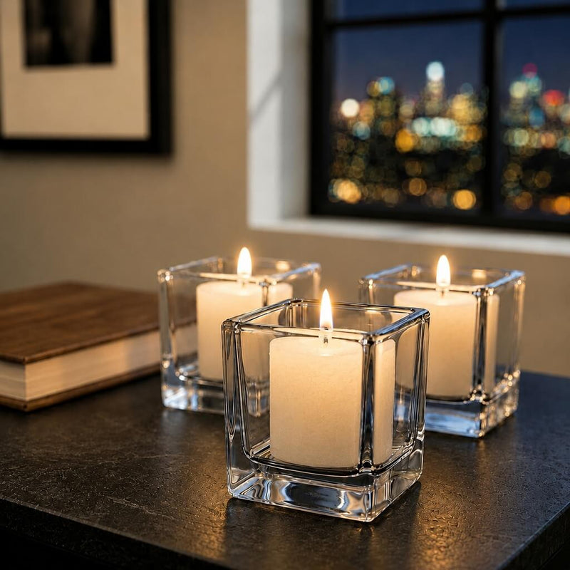 Three pillar candles in square glass holders on table by city window at night - thumbnail number 7