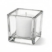 Unlit white candle in clear square glass holder on white background - thumbnail number 2