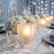 Square frosted votive candle holder glowing on elegant winter dinner table decor - thumbnail number 4