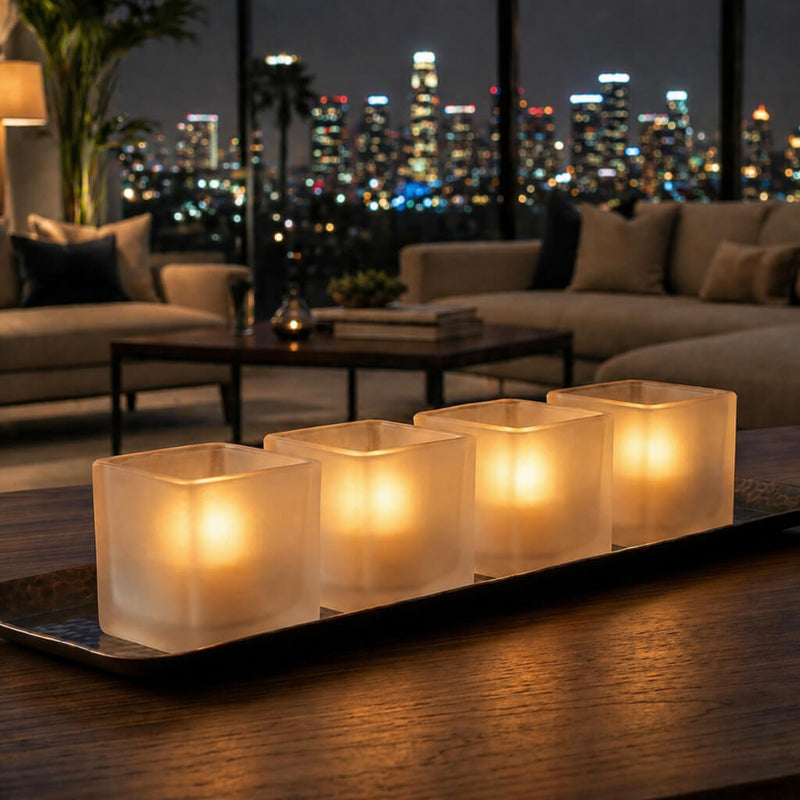 Square frosted votive candle holders glowing on modern table with city skyline view - thumbnail number 7