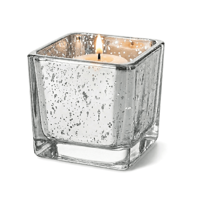 Silver mercury square votive holder with lit candle on white background - thumbnail number 3
