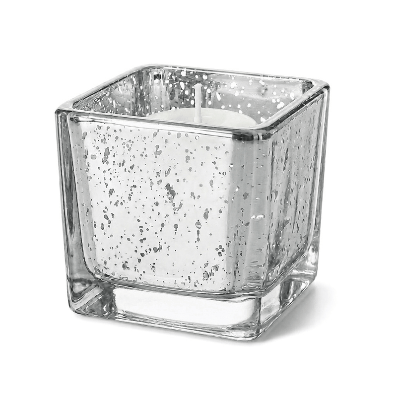 Silver mercury square votive holder with candle on white background - thumbnail number 2
